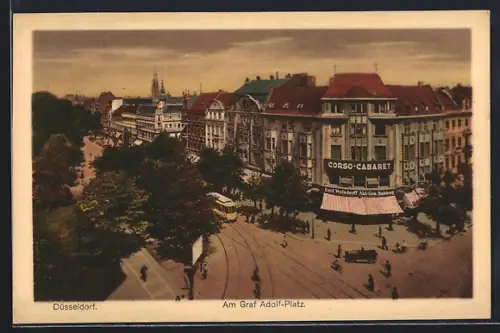 AK Düsseldorf, Corso-Cabaret am Graf Adolf-Platz mit Strassenbahn