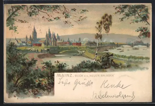 Lithographie Mainz, Blick von den Neuen Anlagen mit Kirche