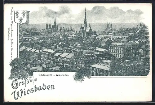 Lithographie Wiesbaden, Totalansicht der Stadt, Wappen