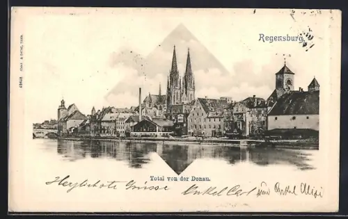 AK Regensburg, Totalansicht mit Kirche von der Donau