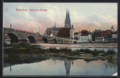 AK Regensburg, Steinerne Brücke mit Kirche