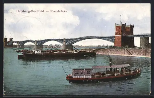 AK Duisburg-Hochfeld, Rheinbrücke mit Dampfboot