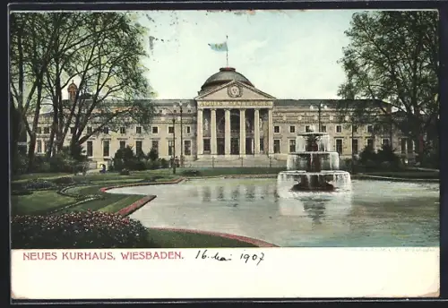 AK Wiesbaden, Neues Kurhaus mit Springbrunnen