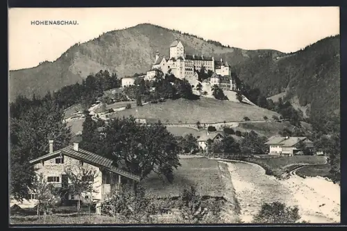 AK Hohenaschau, Panorama des Ortes mit Bergen