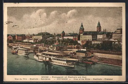 AK Mainz, Rheinansicht mit Stadthalle u. Dom