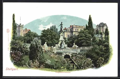 Lithographie Stuttgart, Eugensbrunnen mit Anlage