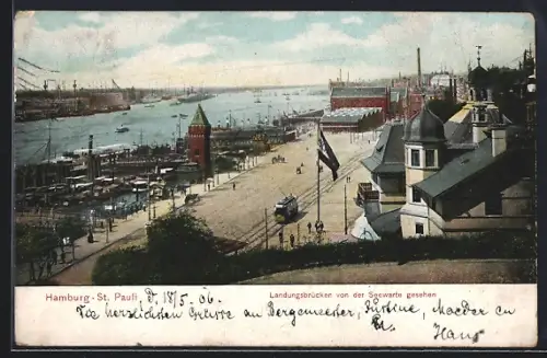 AK Hamburg-St. Pauli, Landungsbrücken von der Seewarte gesehen, Strassenbahn