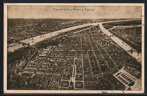 AK Mannheim, Fliegeraufnahme der Stadt zwischen Rhein und Neckar