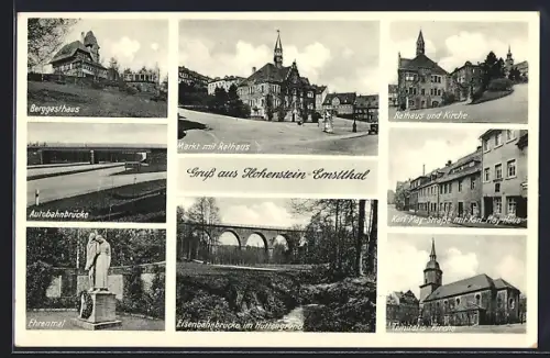AK Hohenstein-Ernstthal, Autobahnbrücke, Berggasthaus, Karl-May-Strasse mit Karl-May-Haus