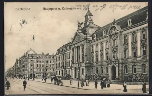 AK Karlsruhe, Hauptpost und Kaiserstrasse