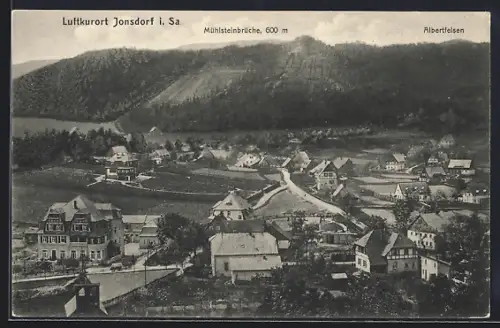 AK Jonsdorf in Sa., Totalansicht mit Albertfelsen