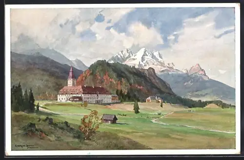 Künstler-AK Klais, Schloss Elmau gegen die Zugspitze