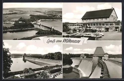 AK Möhnetalsperre, Hotel Pantel, Sperrmauer mit Möhnesee, Panorama