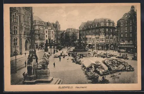 AK Elberfeld, Neumarkt mit Geschäften und Brunnen