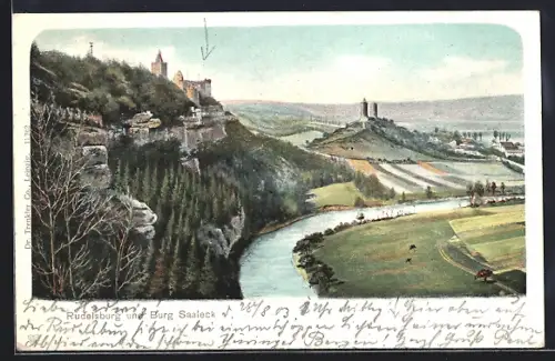 Künstler-AK Rudelsburg, Panorama mit Burg Saaleck