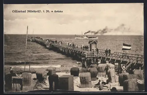 AK Müritz / Ostsee, Strandpartie und Brücke