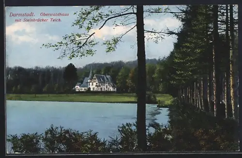 AK Darmstadt, Uferpartie am Steinbrücker Teich mit Oberwaldhaus