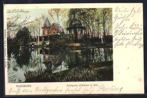 AK Augsburg, Caféhaus m. See, Stadtgarten