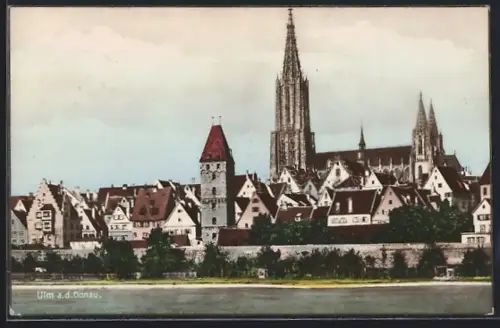 AK Ulm a. d. Donau, Uferpartie mit Kirche