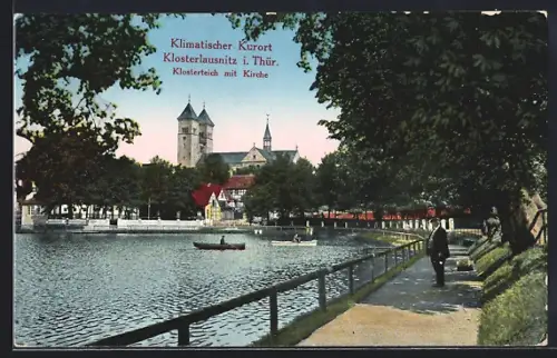 AK Klosterlausnitz i. Thür., Promenade am Ufer des Klosterteich mit der Kirche