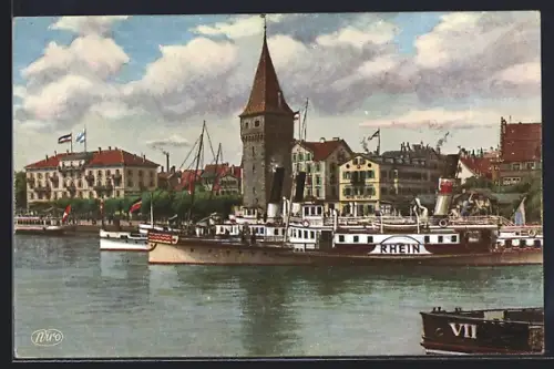 AK Lindau /Bodensee, Hafenpartie mit dem alten Leuchtturm