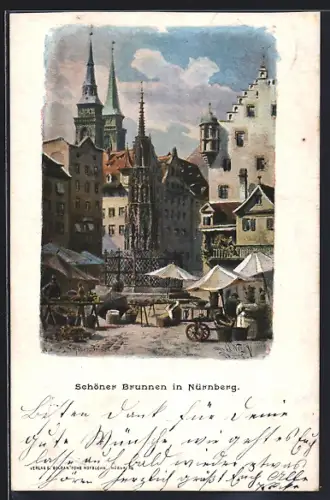 AK Nürnberg, Schöner Brunnen mit Marktplatz