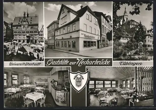 AK Tübingen, Marktplatz mit Rathaus, Gasthaus zur Neckarbrücke, Inh. Fritz Kiess