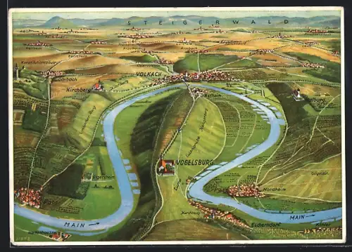 AK Volkach, Karte mit der Vogelsburg, der Umgebung und dem Main