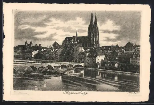 Künstler-AK Regensburg, Flusspartie mit Dom