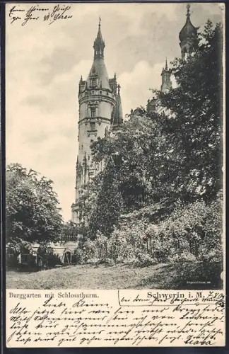 AK Schwerin i. M., Burggarten mit Schlossturm