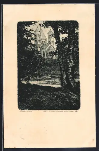 Künstler-AK Maria-Laach, Uferpartie mit Kirche