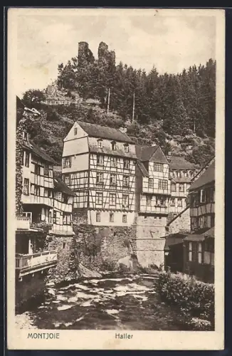 AK Montjoie, Haller mit Ortsansicht und Ruine
