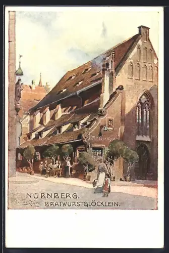 Künstler-AK Nürnberg, Menschen vor dem Bratwurstglöckchen