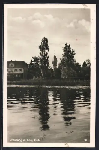 AK Wessling a. See, Uferpartie mit Blick zur Kirche