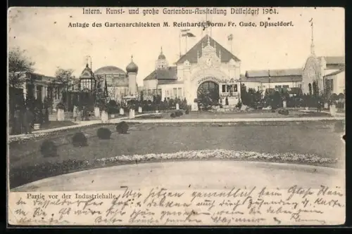 AK Düsseldorf, Intern. Kunst- und Gartenbau-Ausstellung 1904, Partie vor der Industriehalle