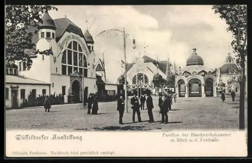 AK Düsseldorf, Pavillon der Handwerkskammer m. Blick a. d. Festhalle
