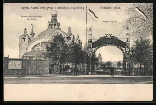 AK Düsseldorf, Intern. Kunst- und grosse Gartenbau-Ausstellung 1904, Sonderausstellungs-Pavillon, Haupteingang