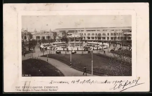 AK London, The Franco-British Exhibition 1908, Elite Gardens & Franco-British Pavillon