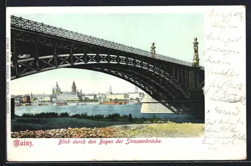 AK Mainz, Blick durch den Bogen der Strassenbrücke