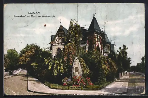 AK Giessen, Jahndenkmal mit Berg- & Gartenstrasse