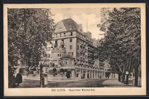 AK Bad Elster, Palast-Hotel Wettiner Hof mit Litfasssäule