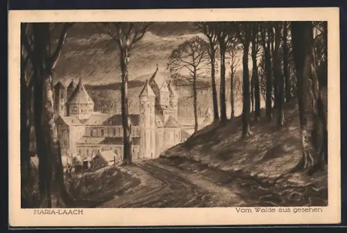 Künstler-AK Maria-Laach, Kirche vom Walde aus gesehen