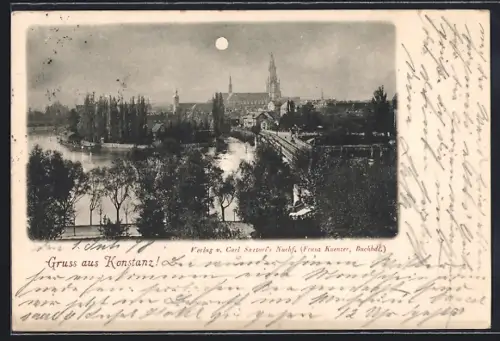 AK Konstanz, Ortspartie mit Kirche bei Mondschein