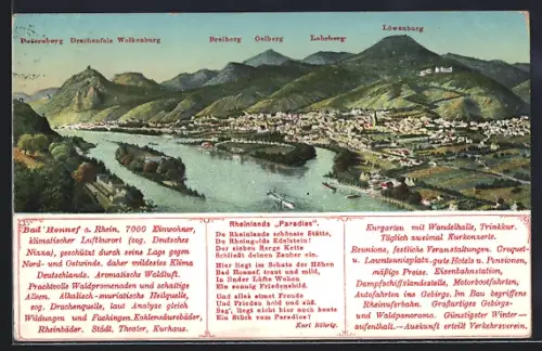 Künstler-AK Bad Honnef a. Rhein, Panorama mit Breiberg, Oelberg und Löwenburg