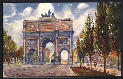 Künstler-AK München, Siegestor mit Strassenbahn