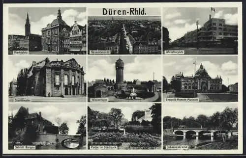 AK Düren /Rhld., Stadttheater, Leopold-Hoesch-Museum, Johannesbrücke mit Strassenbahn