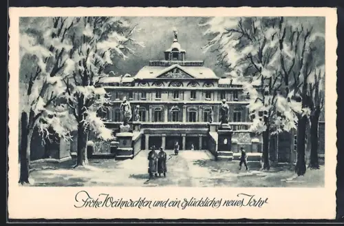 Künstler-AK Rastatt i. Baden, Schloss im Winter, Weihnachts- u. Neujahrsgruss