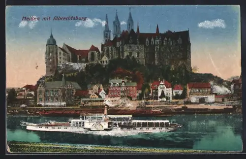 AK Meissen, Stadtpanorama mit Albrechtsburg u. Dampfer
