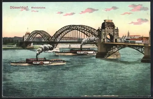 AK Düsseldorf, Rheinbrücke mit Raddampfern