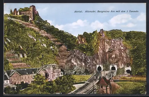AK Altenahr, Bergruine Are mit den 3 Tunnels